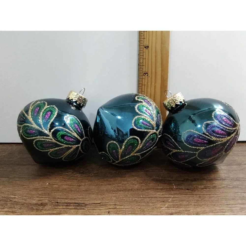 Glitter Peacock Feather Teal Christmas Glass Orn Ornament bauble Lot Of 3 A17